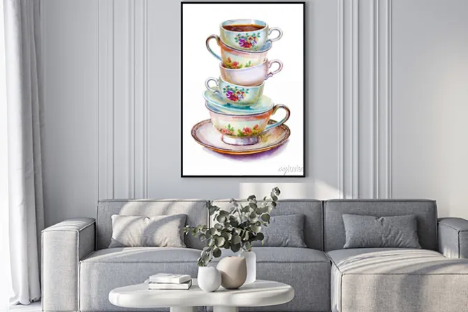 Plakat: Stos porcelanowych filiżanek