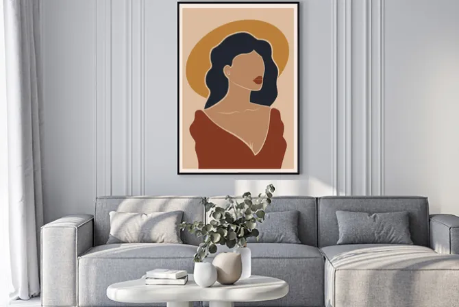 Plakat: Subtelny rysunek kobiecej sylwetki z kapeluszem