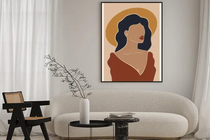 Plakat: Subtelny rysunek kobiecej sylwetki z kapeluszem