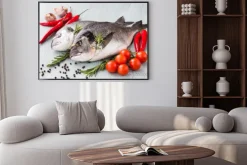 Plakat: Surowe świeże ryby dorado z warzyw i przypraw. zdrowe jedzenie