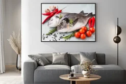 Plakat: Surowe świeże ryby dorado z warzyw i przypraw. zdrowe jedzenie