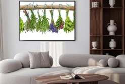 Plakat: Suszone zioła kuchenne wiszące na drewnianej gałęzi