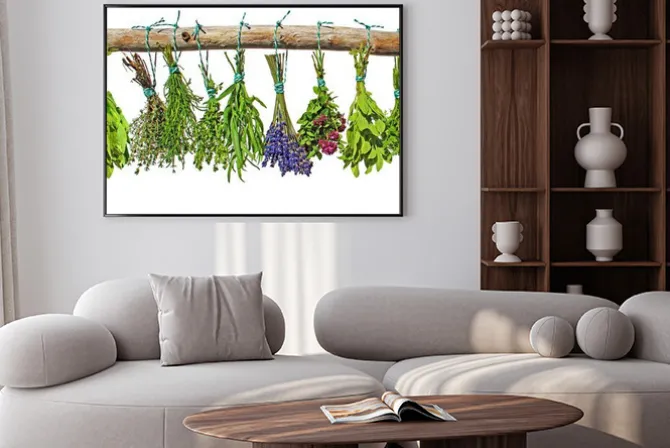 Plakat: Suszone zioła kuchenne wiszące na drewnianej gałęzi