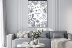 Plakat: Szablon projektu pionowe śniadanie widok z góry. różne tło żywności.