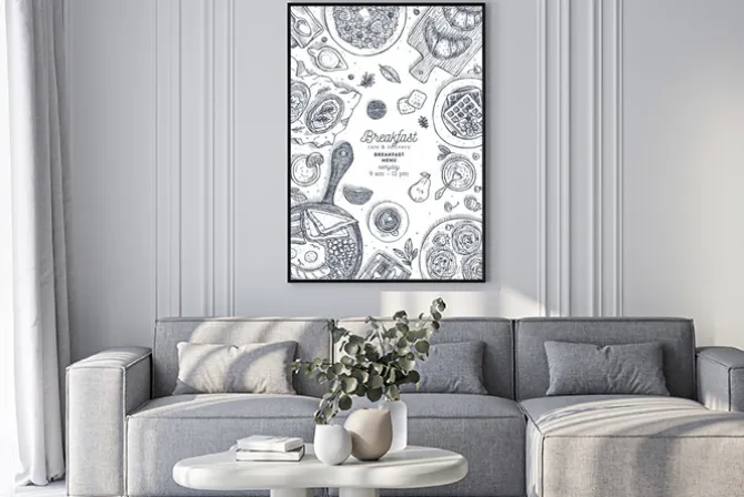 Plakat: Szablon projektu pionowe śniadanie widok z góry. różne tło żywności.