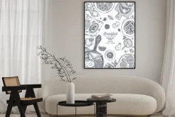 Plakat: Szablon projektu pionowe śniadanie widok z góry. różne tło żywności.