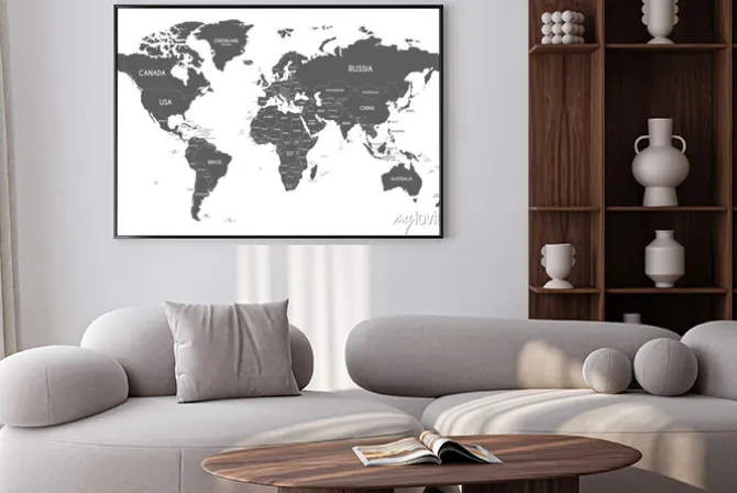 Plakat: Szara mapa świata na białym tle