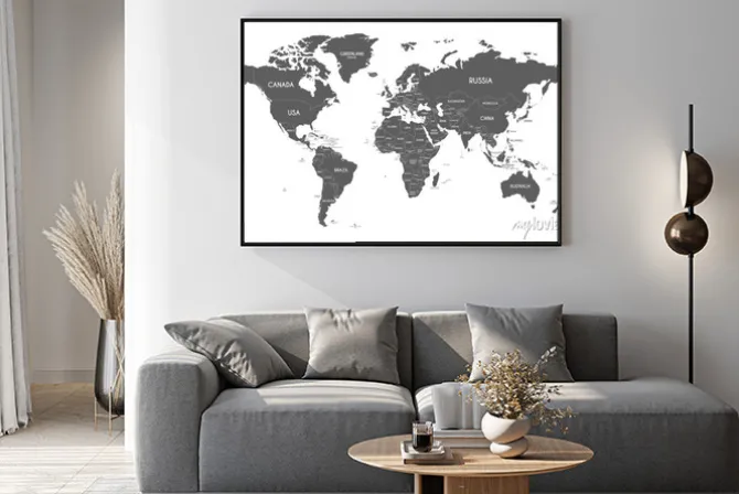 Plakat: Szara mapa świata na białym tle