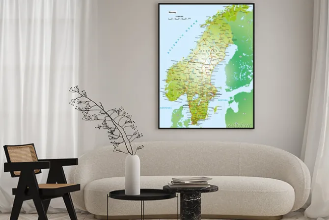 Plakat: Szczegółowa mapa norwegii w języku angielskim