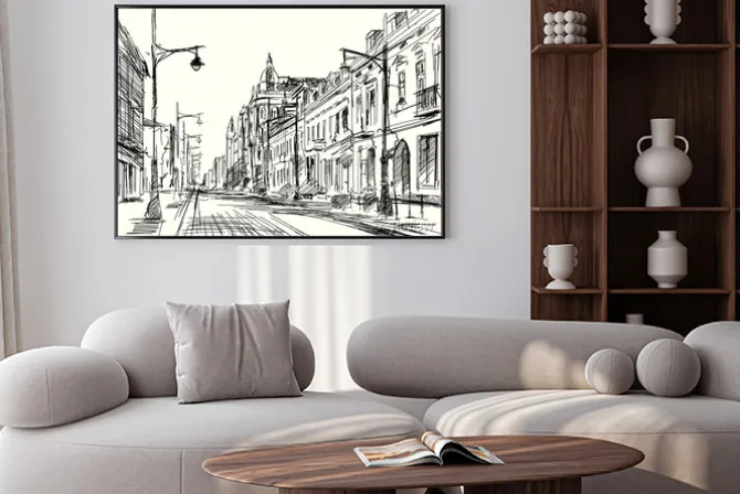 Plakat: Szkic ulicy piotrkowskiej w łodzi panorama miasta