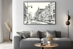 Plakat: Szkic ulicy piotrkowskiej w łodzi panorama miasta