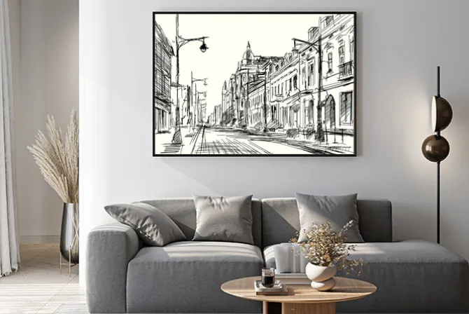 Plakat: Szkic ulicy piotrkowskiej w łodzi panorama miasta