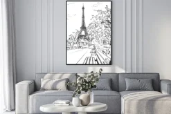 Plakat: Szkic z ławeczkami przy wieży eiffla