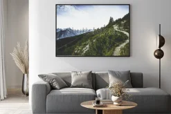 Plakat: Szlak turystyczny przez zalesione szczyty alpejskie w letnim