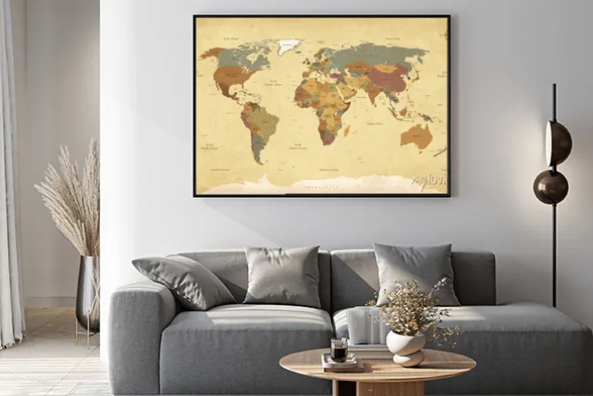 Plakat: Teksturowana mapa świata w stylu retro