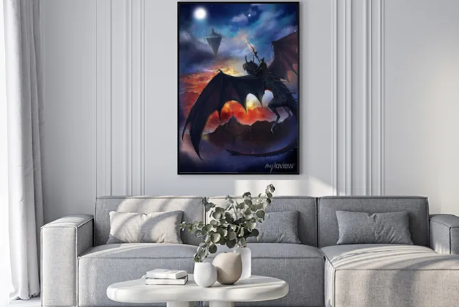 Plakat: The dragon warrior are sitting on the dragon flying to the floating