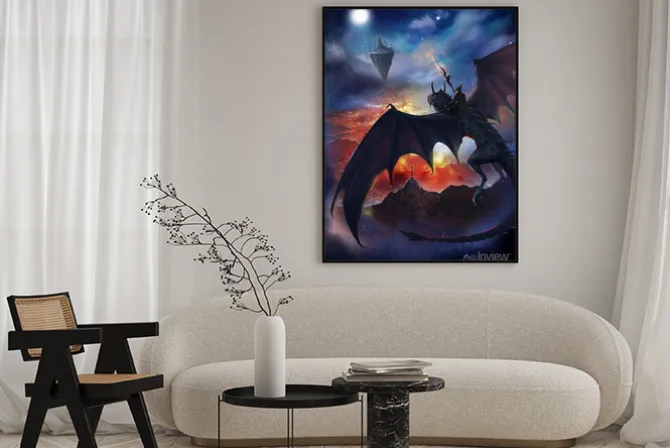 Plakat: The dragon warrior are sitting on the dragon flying to the floating