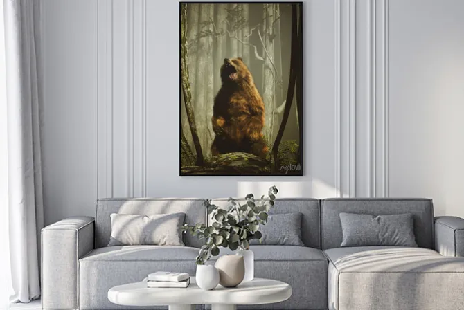 Plakat: The forests tales,brown grizzly bear in magical forest,3d illustration