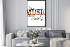 Plakat: Tło muzyczne z kolorowym napisem