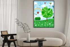 Plakat: Tło wiosna z wielkim drzewa i balonów na ogrzane powietrze