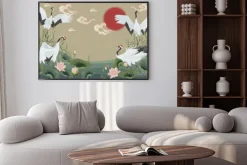 Plakat: Tło z japońskimi żurawiami o zachodzie słońca