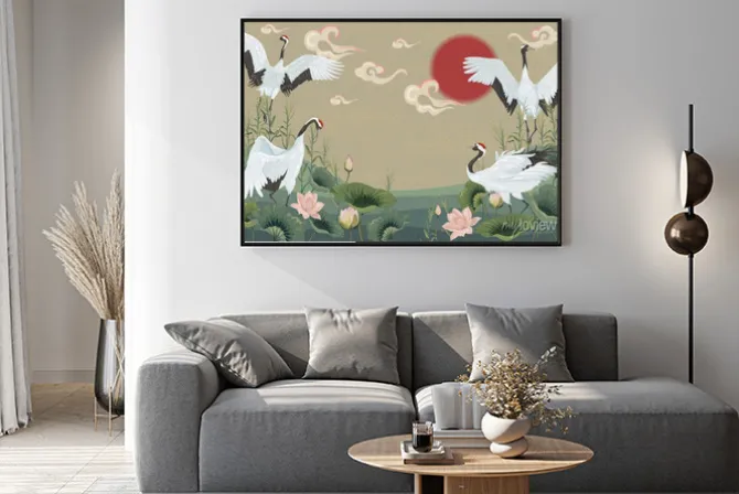 Plakat: Tło z japońskimi żurawiami o zachodzie słońca