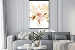 Plakat: Trendy dried palm leaves, blush pink rose, pale protea, white