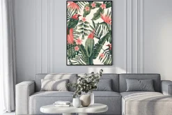 Plakat: Tropikalny wzór z papugami i kwiatami frangipani