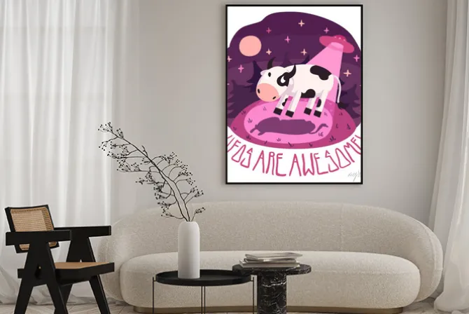 Plakat: Ufo są niesamowite! plakat wektorowe (tło i karty) z krowy na