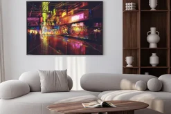 Plakat: Ulica miejska z oświetleniem i nocnym życiem, obraz cyfrowy