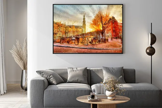 Plakat: Ulica w amsterdamie w promieniach zachodzącego słońca