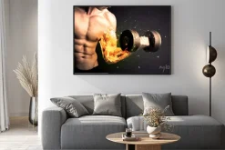 Plakat: Umięśniony mężczyzna dźwigający sztangę