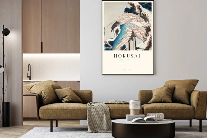 Plakat: Żurawie na ośnieżonym drzewie reprodukcja hokusai