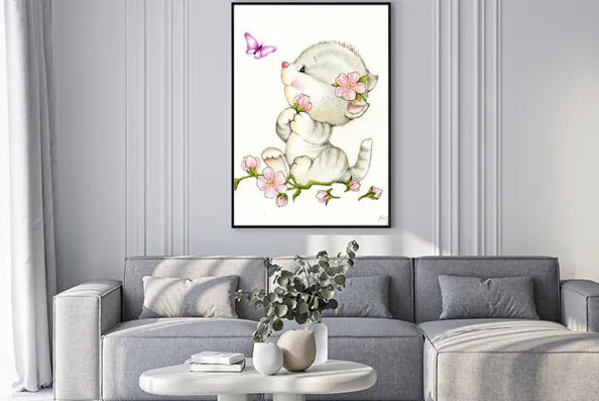 Plakat: Urocza kotka z kwiatów i motyli