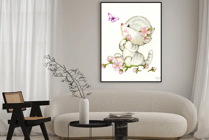 Plakat: Urocza kotka z kwiatów i motyli