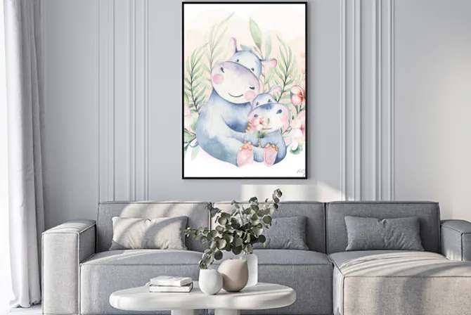 Plakat: Urocze hipopotamy malowane akwarelą