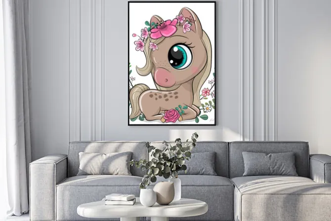 Plakat: Uroczy konik wśród kwiatów