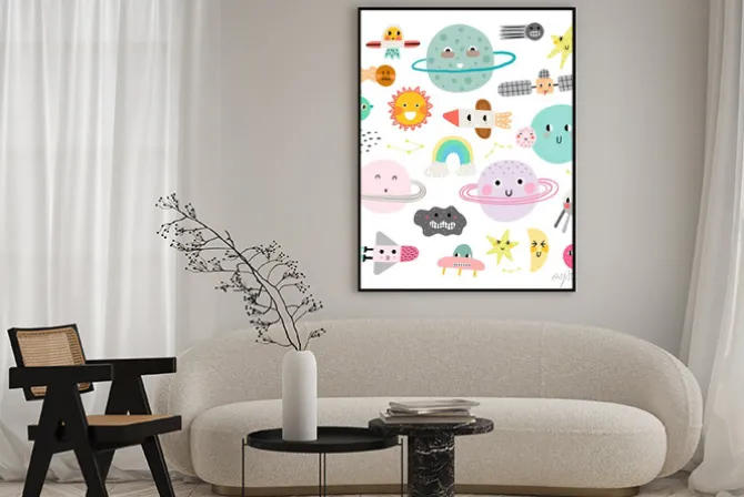 Plakat: Сute set of cosmic elements. kawaii moon, sun and planets vector