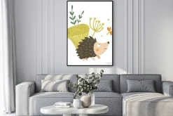 Plakat: Vector hand drawn flat hedgehog with mushroom and dragonfly clip
