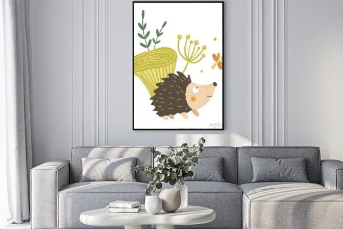 Plakat: Vector hand drawn flat hedgehog with mushroom and dragonfly clip