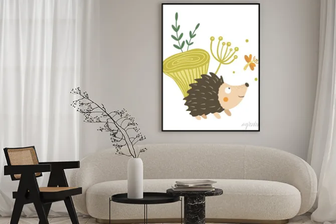 Plakat: Vector hand drawn flat hedgehog with mushroom and dragonfly clip