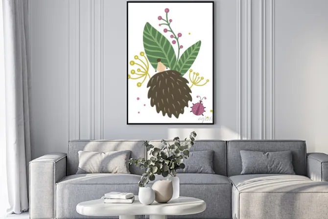 Plakat: Vector hand drawn flat hedgehog with berries, leaves and ladybug