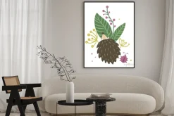 Plakat: Vector hand drawn flat hedgehog with berries, leaves and ladybug
