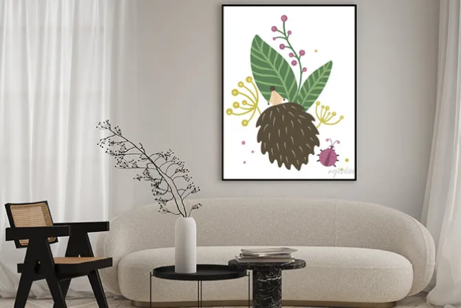 Plakat: Vector hand drawn flat hedgehog with berries, leaves and ladybug