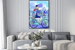 Plakat: Vector illustration of a young woman on a bicycle in paris
