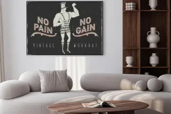 Plakat: Vintage plakat z cyrkowym mężczyzną i hasłem: „no pain no gain”