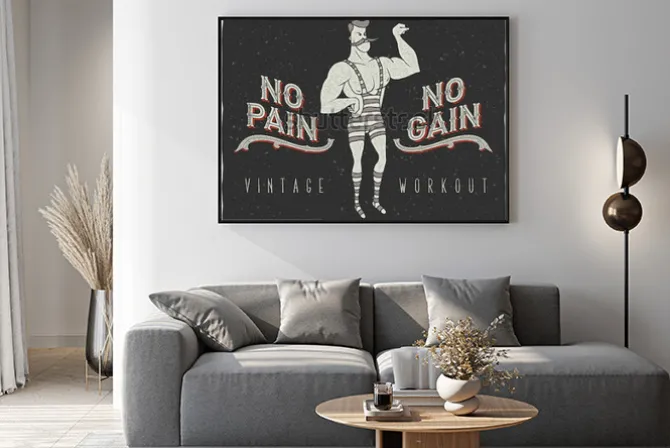 Plakat: Vintage plakat z cyrkowym mężczyzną i hasłem: „no pain no gain”
