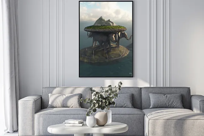 Plakat: Żółw i słonie podtrzymujące wyspę