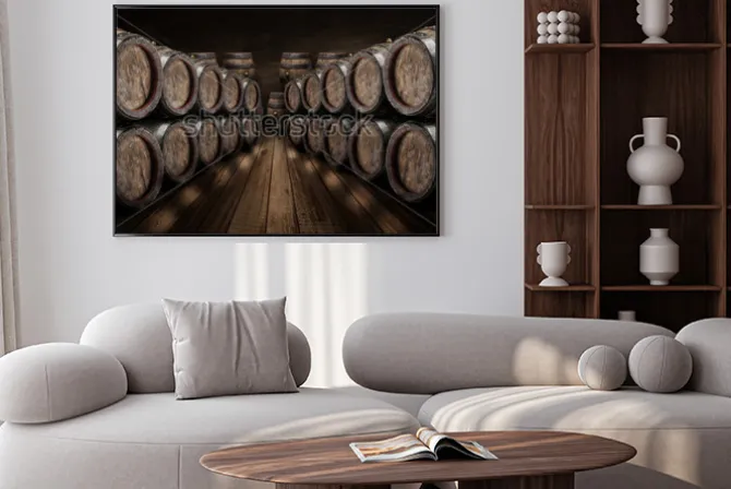 Plakat: W piwnicy z winem leżały beczki z dębem. stara kamienna ściana