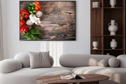 Plakat: Warzywa na drewnianym tle